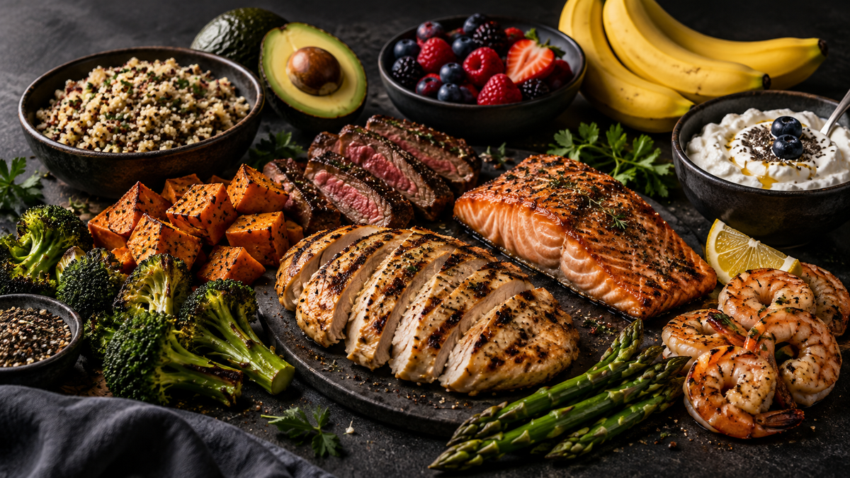 A spread of chicken, steak, seafood, vegetables, grains, and fruit